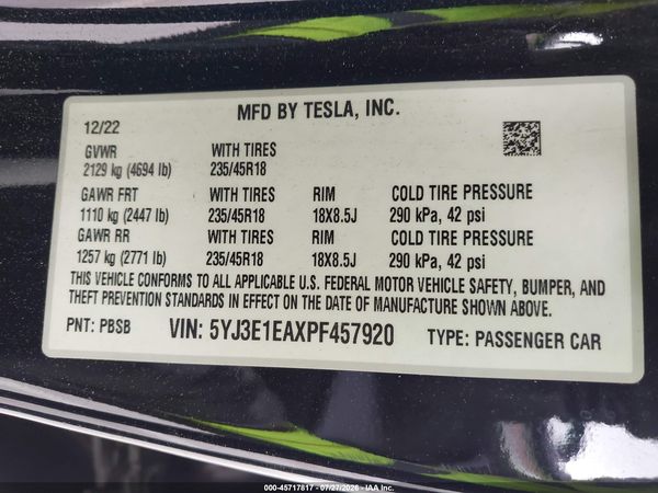 2023 TESLA MODEL 3 REAR-WHEEL DRIVE