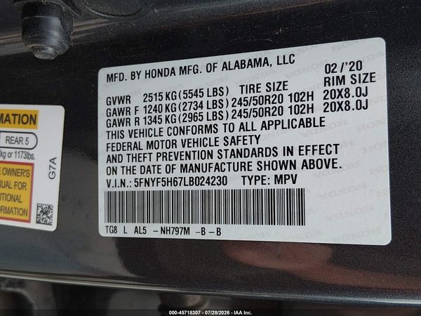 2020 HONDA PILOT 2WD TOURING 7 PASSENGER