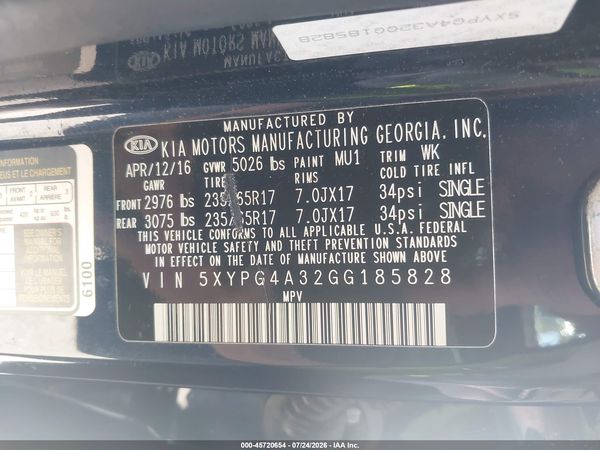 2016 KIA SORENTO 2.4L LX