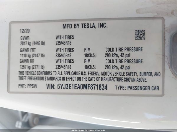 2021 TESLA MODEL 3