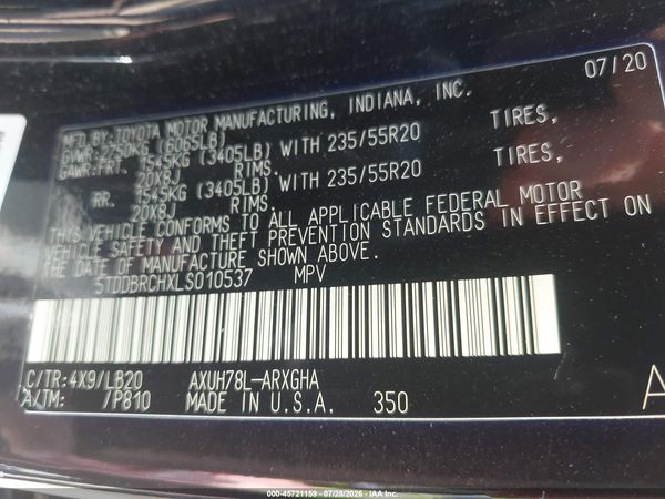 2020 TOYOTA HIGHLANDER HYBRID LIMITED