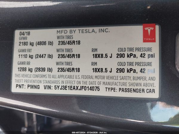 2018 TESLA MODEL 3 LONG RANGE/MID RANGE