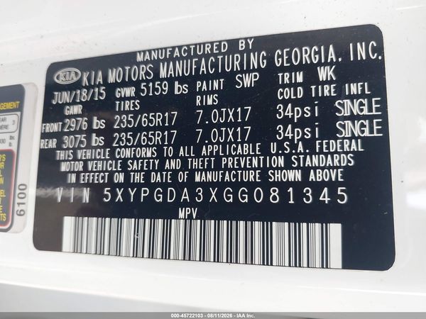 2016 KIA SORENTO 2.4L LX