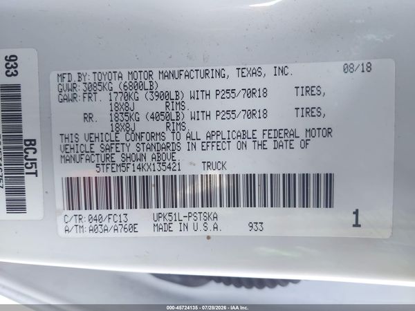 2019 TOYOTA TUNDRA SR5 4.6L V8