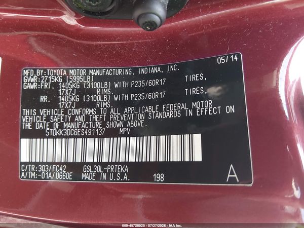 2014 TOYOTA SIENNA LE V6 8 PASSENGER
