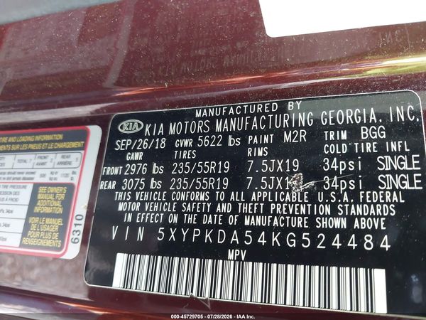 2019 KIA SORENTO 3.3L SX