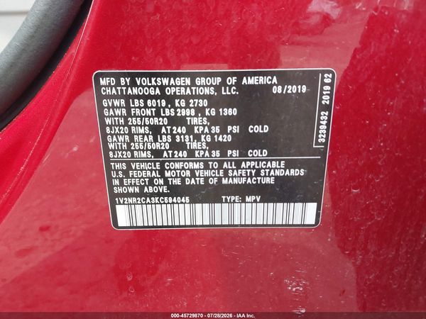 2019 VOLKSWAGEN ATLAS 3.6L V6 SEL PREMIUM — I9