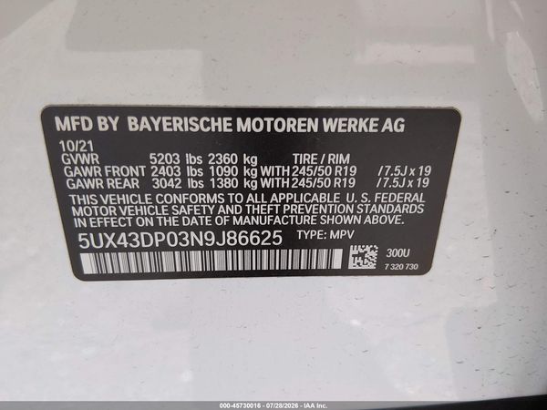2022 BMW X3 SDRIVE30I — I9
