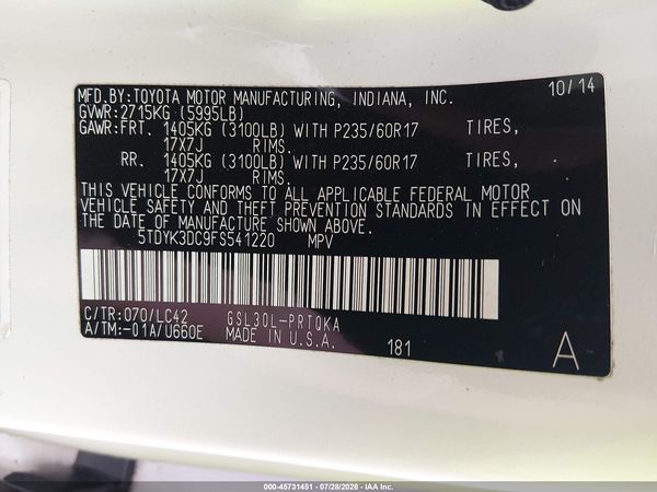 2015 TOYOTA SIENNA XLE 8 PASSENGER