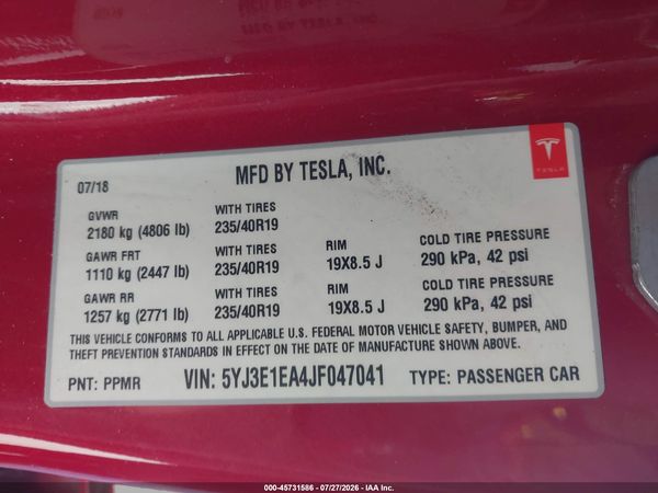2018 TESLA MODEL 3 LONG RANGE/MID RANGE