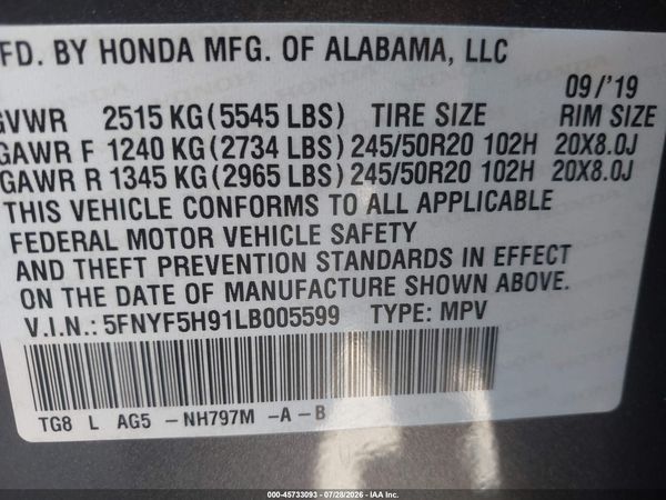 2020 HONDA PILOT 2WD TOURING 8 PASSENGER