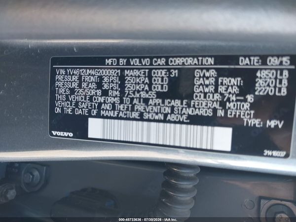 2016 VOLVO S60 CROSS COUNTRY T5 PLATINUM