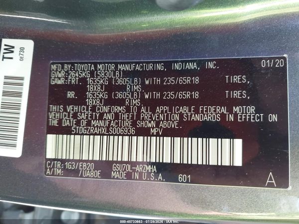 2020 TOYOTA HIGHLANDER XLE