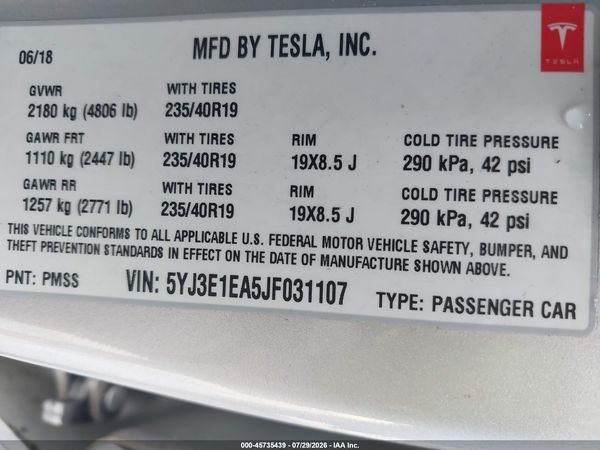 2018 TESLA MODEL 3 LONG RANGE/MID RANGE