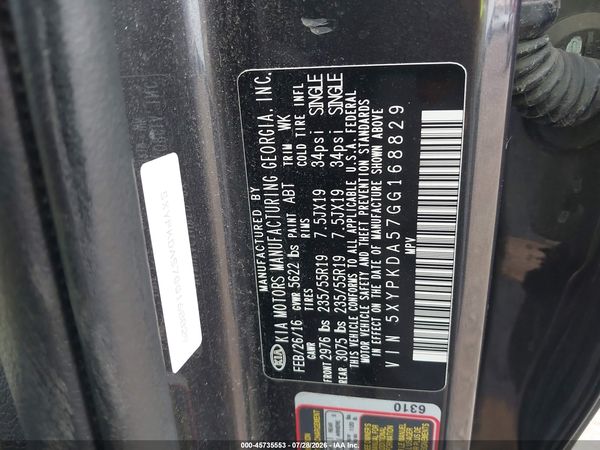 2016 KIA SORENTO 3.3L SXL