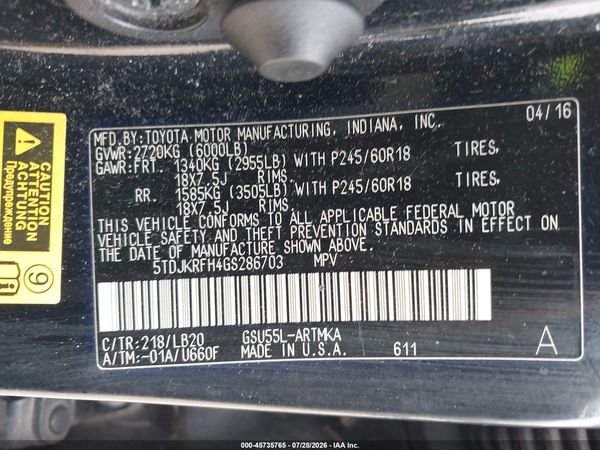 2016 TOYOTA HIGHLANDER XLE V6