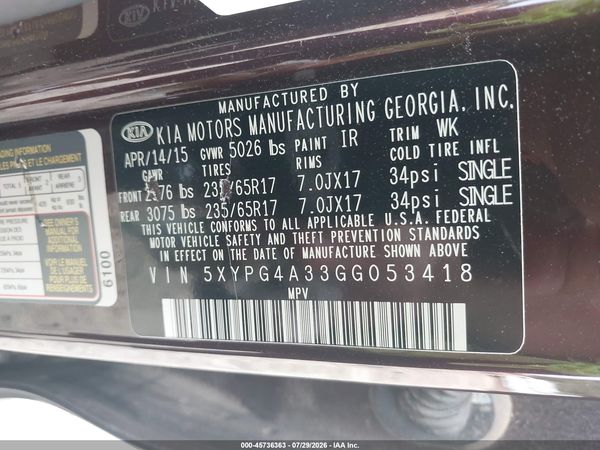 2016 KIA SORENTO 2.4L LX