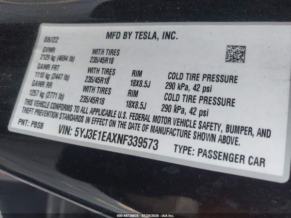 2022 TESLA MODEL 3 REAR-WHEEL DRIVE
