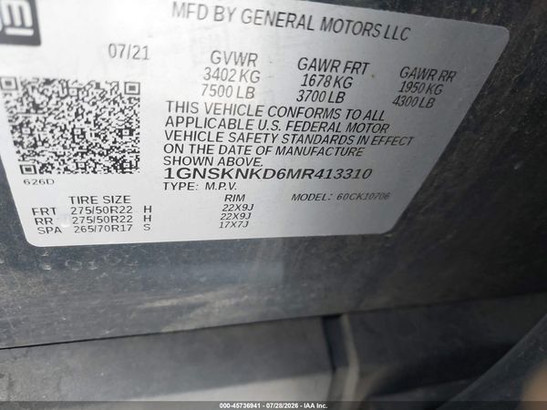2021 CHEVROLET TAHOE 4WD LT — I9