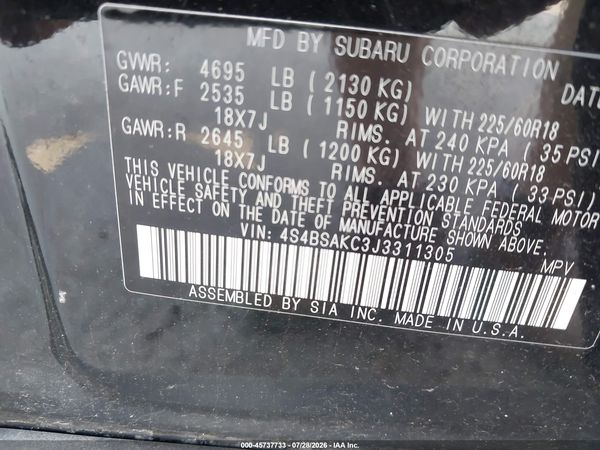 2018 SUBARU OUTBACK 2.5I LIMITED — I9