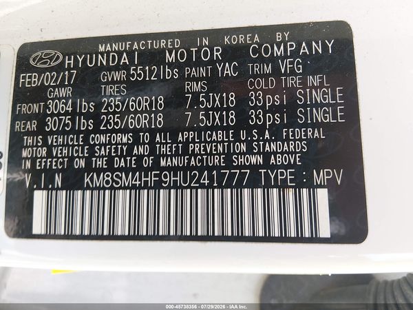 2017 HYUNDAI SANTA FE SE