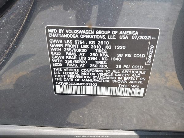 2022 VOLKSWAGEN ATLAS 3.6L V6 SE W/TECHNOLOGY — I9