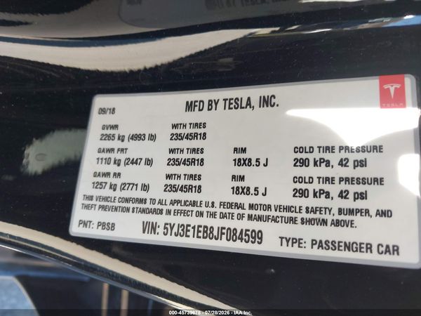2018 TESLA MODEL 3 LONG RANGE/PERFORMANCE