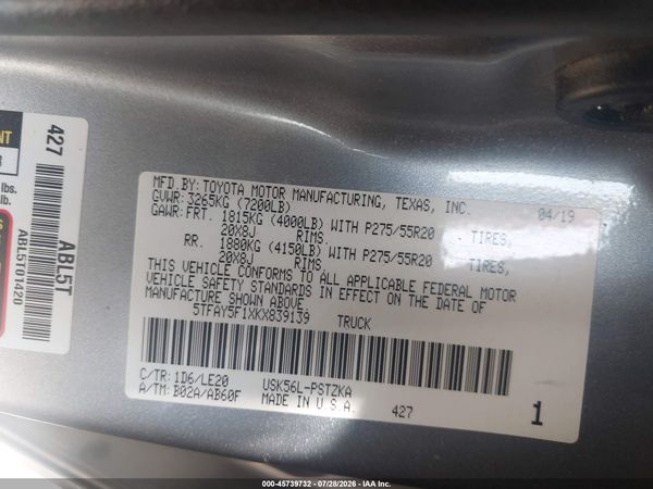 2019 TOYOTA TUNDRA PLATINUM 5.7L V8