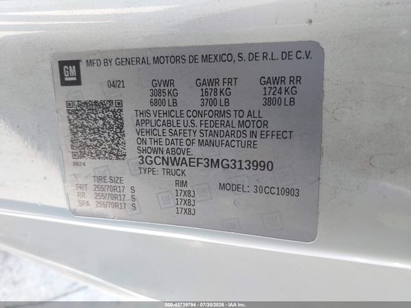 2021 CHEVROLET SILVERADO 1500 2WD  LONG BED WT — I9