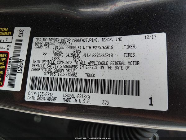 2018 TOYOTA TUNDRA SR5 5.7L V8