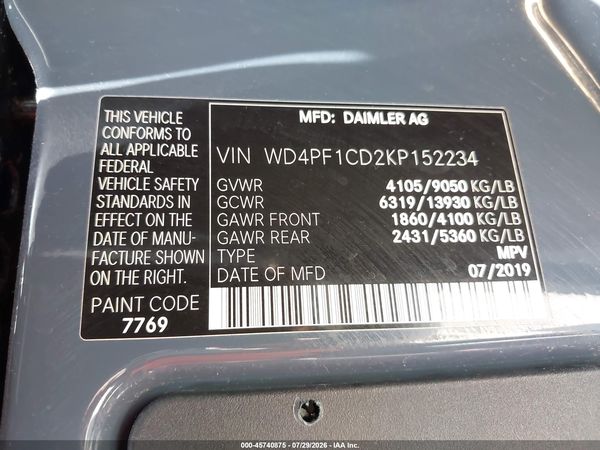 2019 MERCEDES-BENZ SPRINTER 2500 HIGH ROOF V6