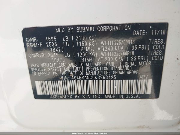 2019 SUBARU OUTBACK 2.5I LIMITED
