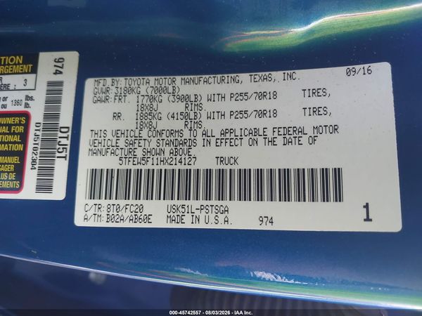 2017 TOYOTA TUNDRA SR5 5.7L V8