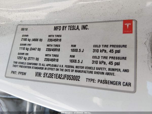 2018 TESLA MODEL 3 LONG RANGE/MID RANGE