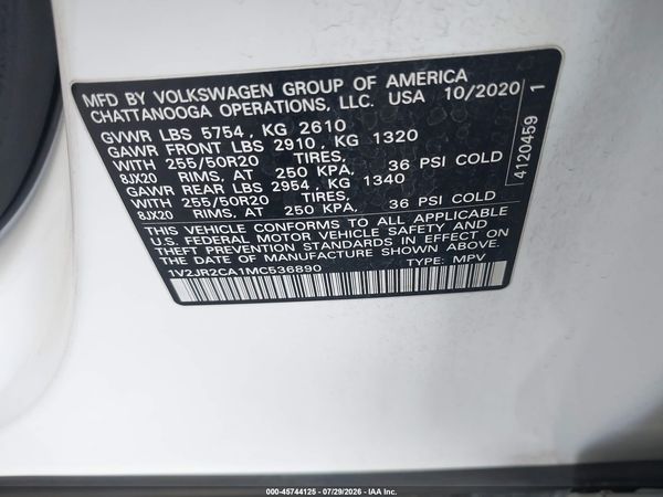 2021 VOLKSWAGEN ATLAS 3.6L V6 SE W/TECHNOLOGY — I9