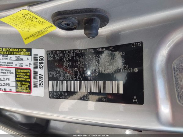 2012 TOYOTA SIENNA LE V6 8 PASSENGER