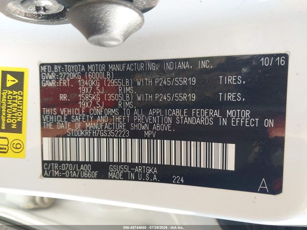 2016 TOYOTA HIGHLANDER LIMITED V6
