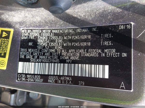 2016 TOYOTA HIGHLANDER XLE V6