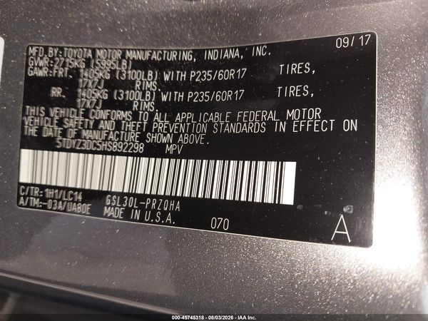 2017 TOYOTA SIENNA XLE 8 PASSENGER