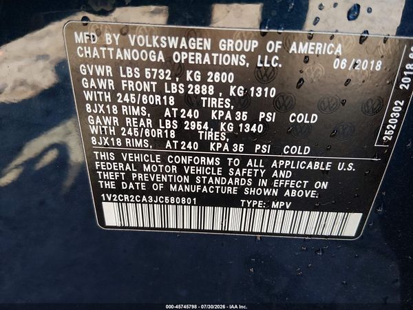 2018 VOLKSWAGEN ATLAS 3.6L V6 SE — I9