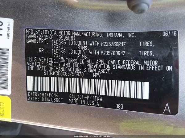 2016 TOYOTA SIENNA LE 8 PASSENGER