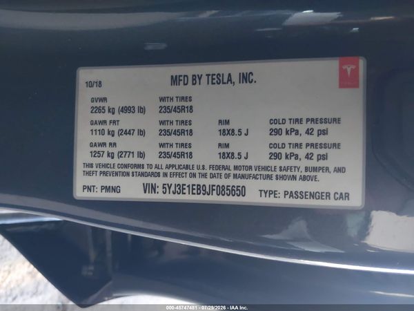 2018 TESLA MODEL 3 LONG RANGE/PERFORMANCE