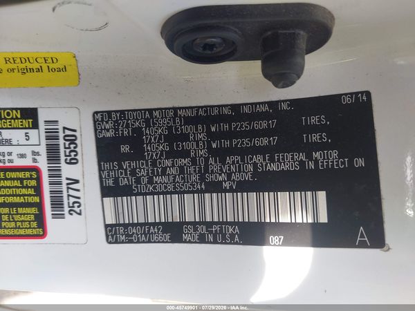 2014 TOYOTA SIENNA L V6 7 PASSENGER