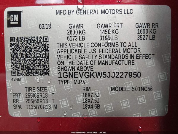 2018 CHEVROLET TRAVERSE LT CLOTH — I9