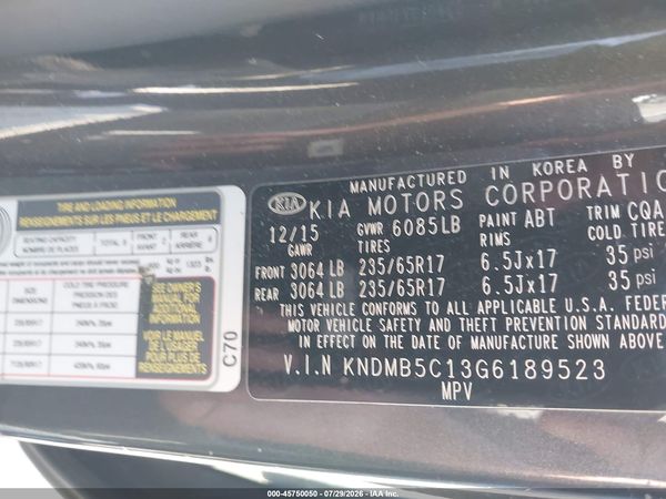 2016 KIA SEDONA LX