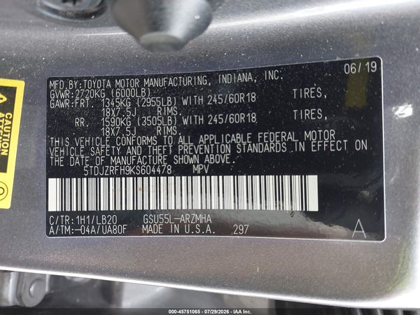 2019 TOYOTA HIGHLANDER XLE
