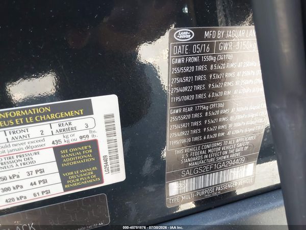 2016 LAND ROVER RANGE ROVER 5.0L V8 SUPERCHARGED