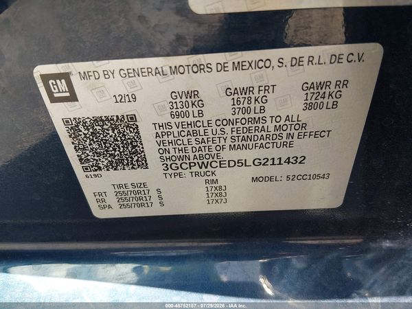 2020 CHEVROLET SILVERADO 1500 2WD  SHORT BED LT — I9