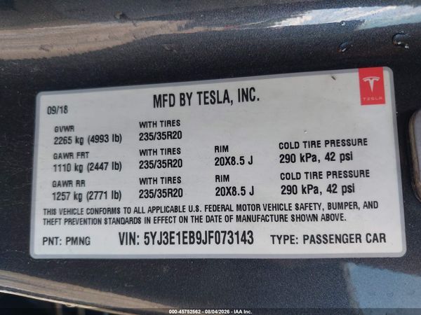 2018 TESLA MODEL 3 LONG RANGE/PERFORMANCE