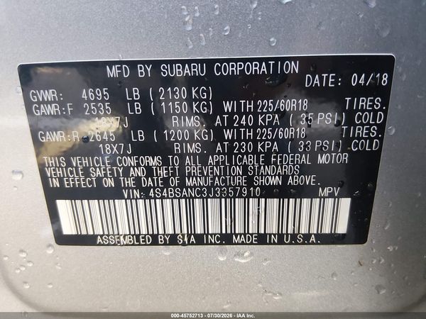 2018 SUBARU OUTBACK 2.5I LIMITED